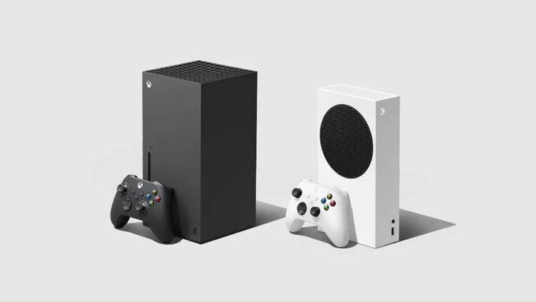 Xbox Series X and XBox One X beside each other with controllers